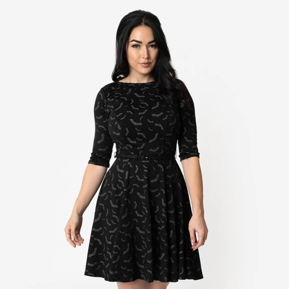 Unique Vintage Bats Print Fit & Flare Dress